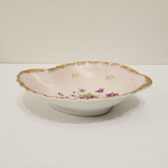 Vtg Hand Painted Lefton Leaf Shaped Gold Rim Purple Floral Candy Trinket Dish - Picture 3 of 7